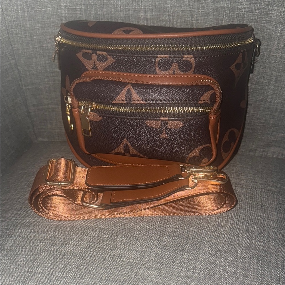 Vegan Leather Brown and Tan Monogram Crossbody Bag-NWOT